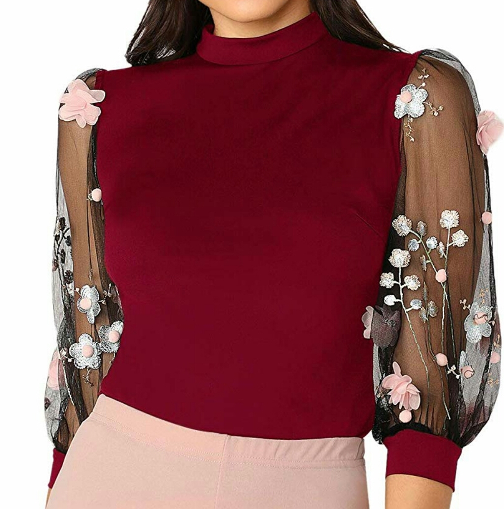 PLUS Burgundy Mesh Floral Sleeve Top